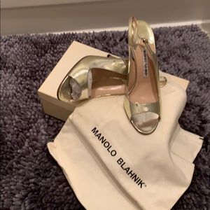 Manila Blahnik open toe gold sling back